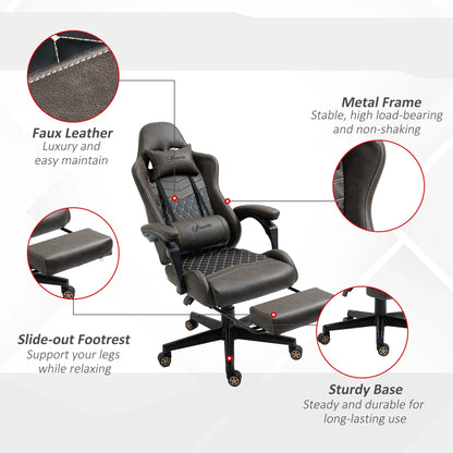 Gaming chair with faux leather, metal frame, slide-out footrest, and sturdy base for comfort and durability