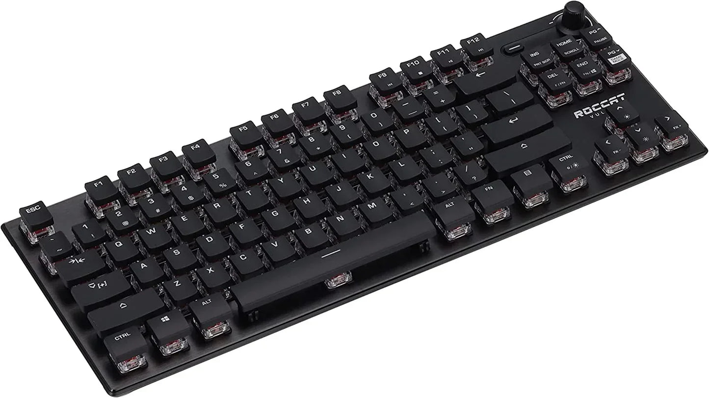 Black mechanical gaming keyboard with exposed switches, compact design, and RGB-ready style