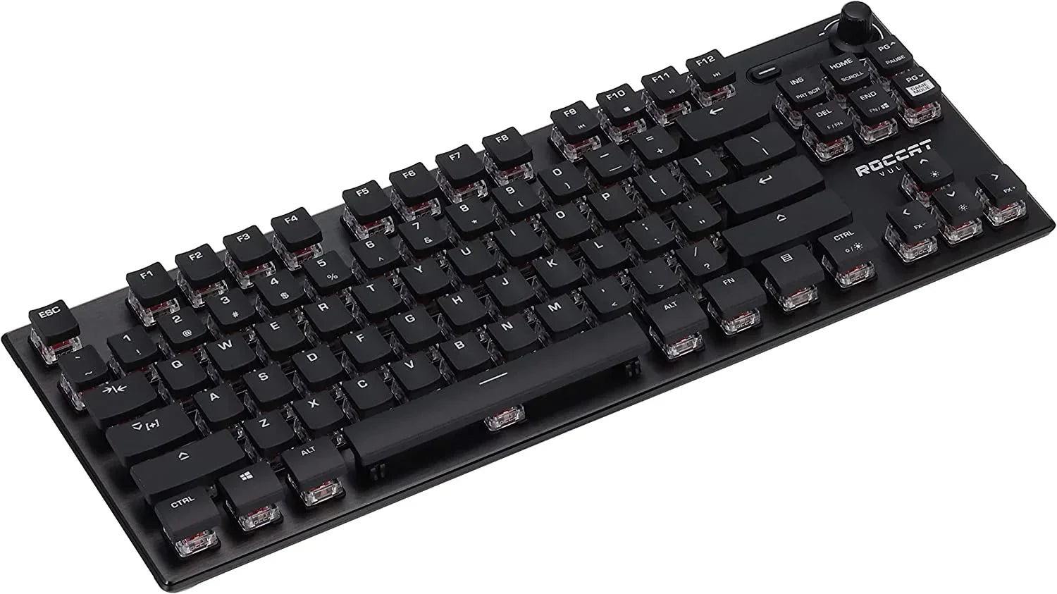 Black mechanical gaming keyboard with exposed switches, compact design, and RGB-ready style
