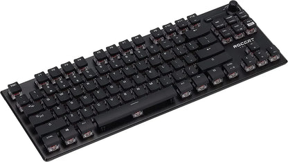 Black mechanical gaming keyboard with exposed switches, compact design, and RGB-ready style