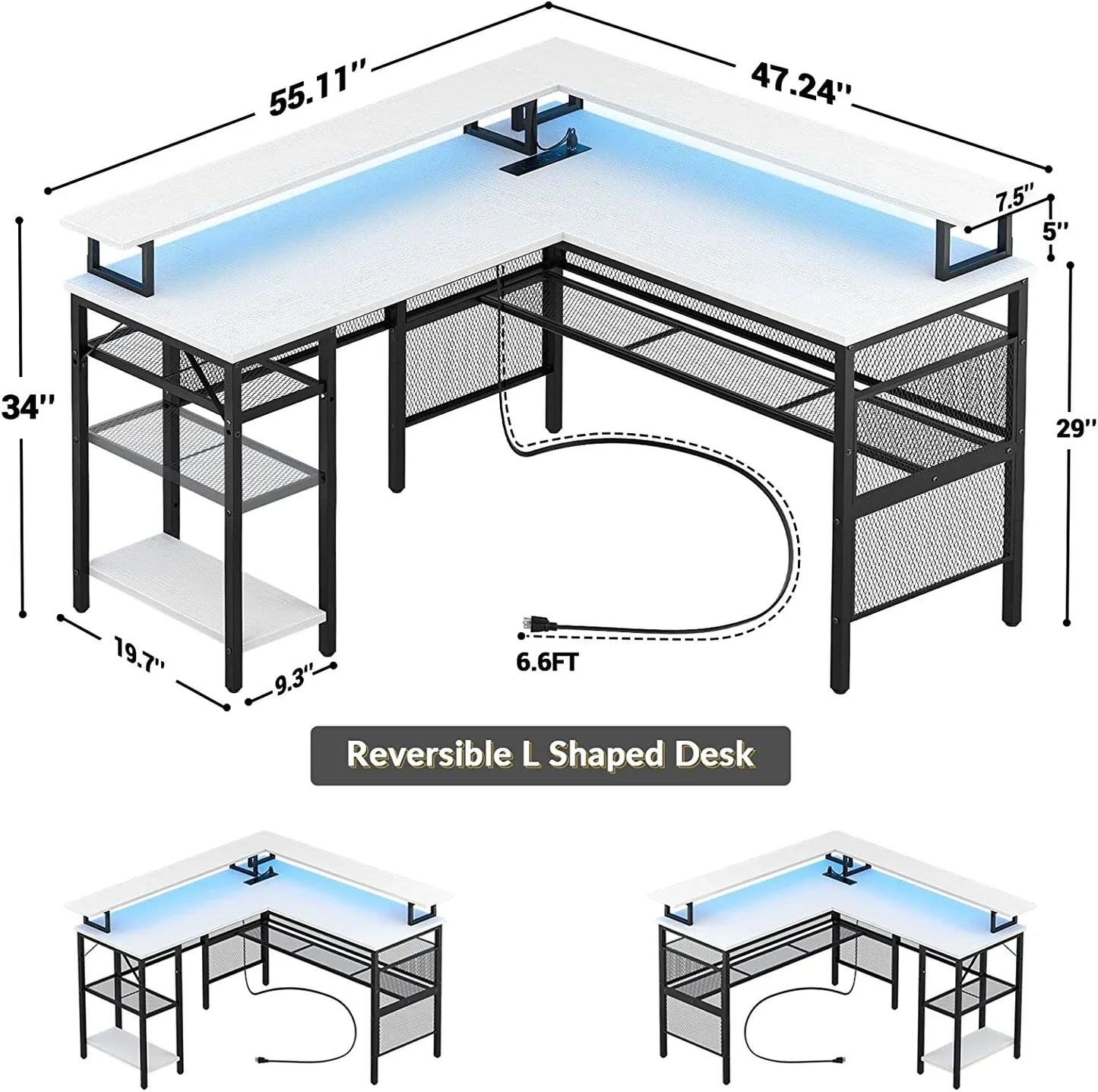 Reversible L shaped desk with white top, black metal frame, built-in shelves, and blue LED lighting