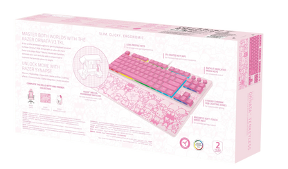 Pink Razer Ornata V3 TKL Hello Kitty gaming keyboard box with wrist rest and RGB features