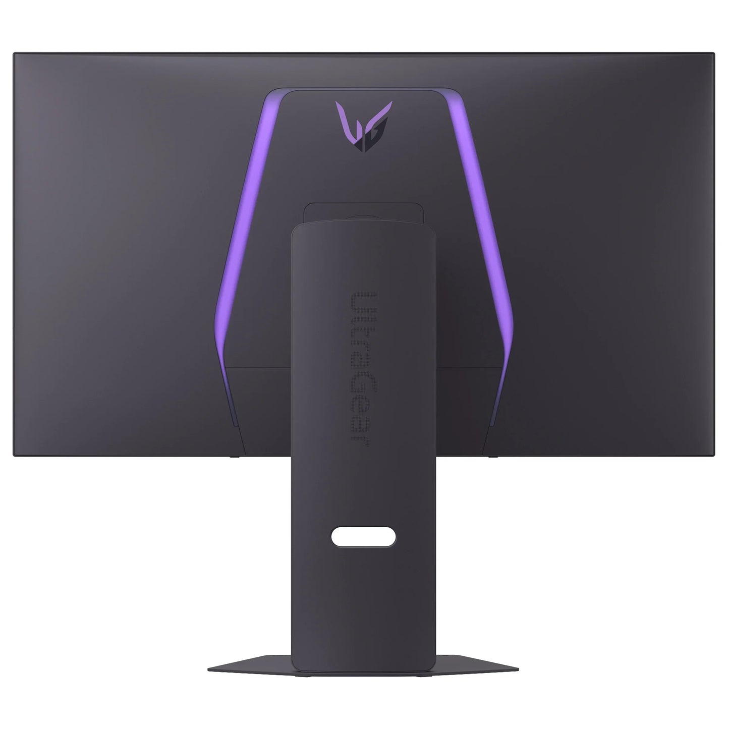 Rear view of LG UltraGear gaming monitor with black stand and purple LED lighting