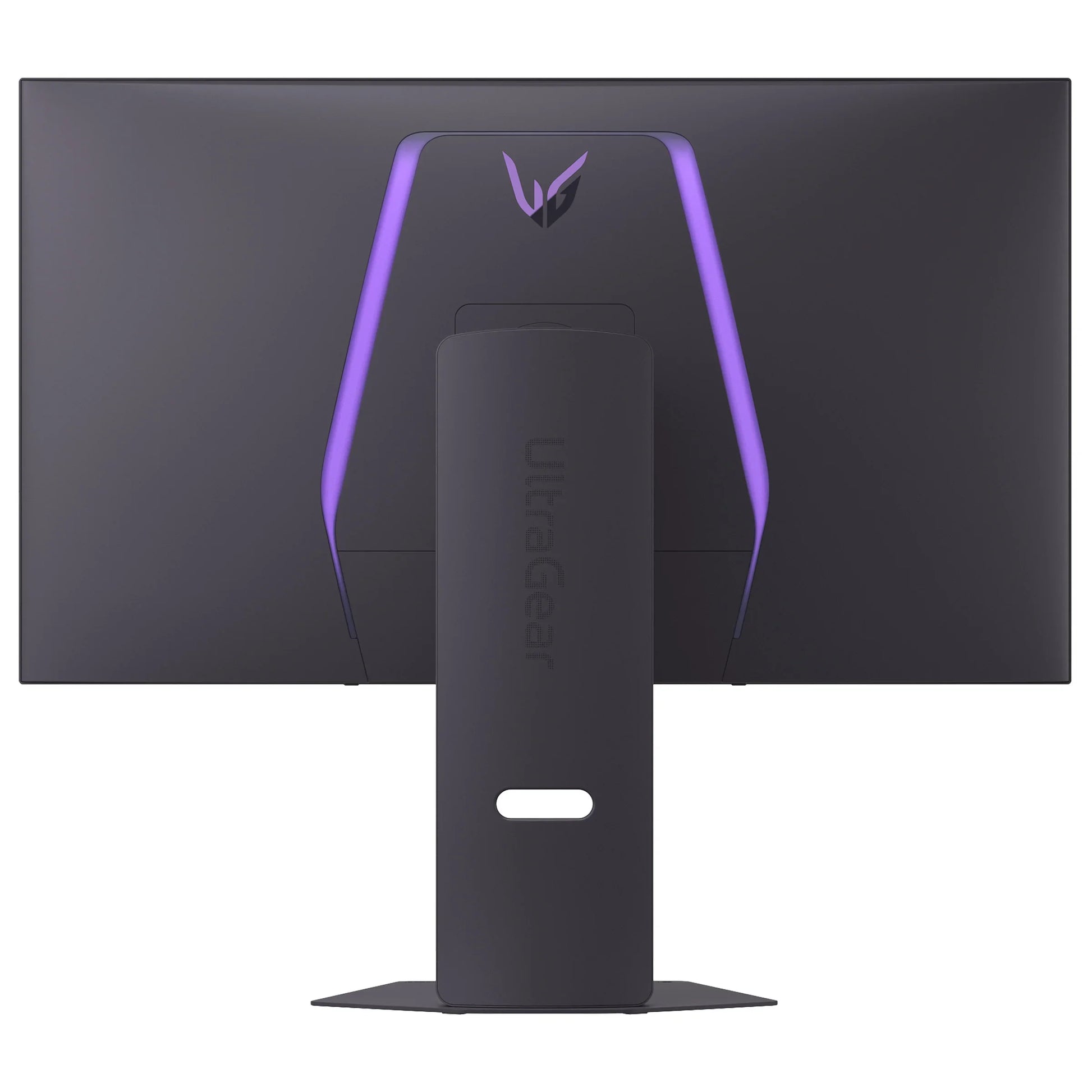 Rear view of LG UltraGear gaming monitor with black stand and purple LED lighting