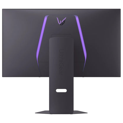 Rear view of LG UltraGear gaming monitor with black stand and purple LED lighting