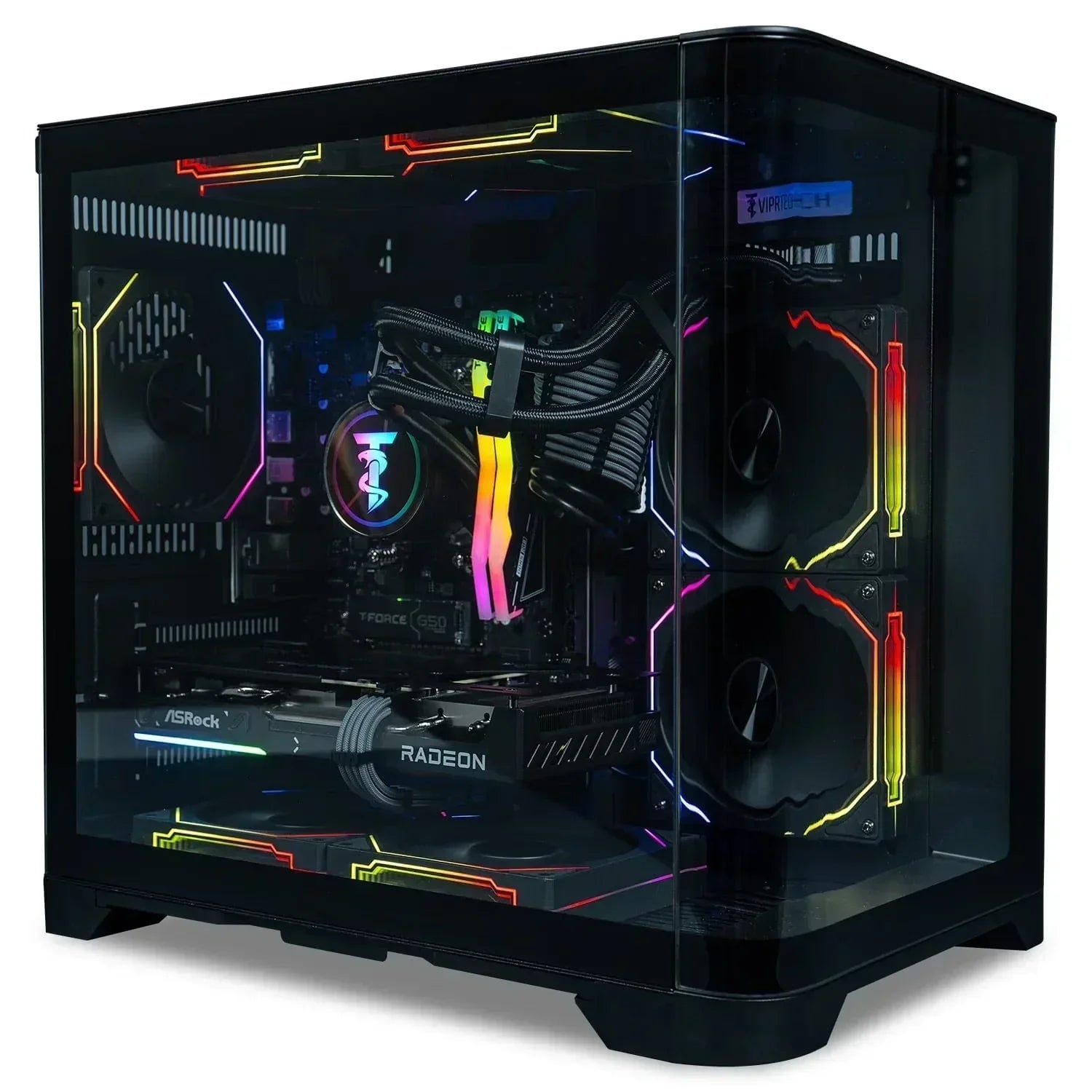 RGB gaming PC with transparent side panel, illuminated fans, and Radeon graphics card
