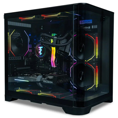 RGB gaming PC with transparent side panel, illuminated fans, and Radeon graphics card