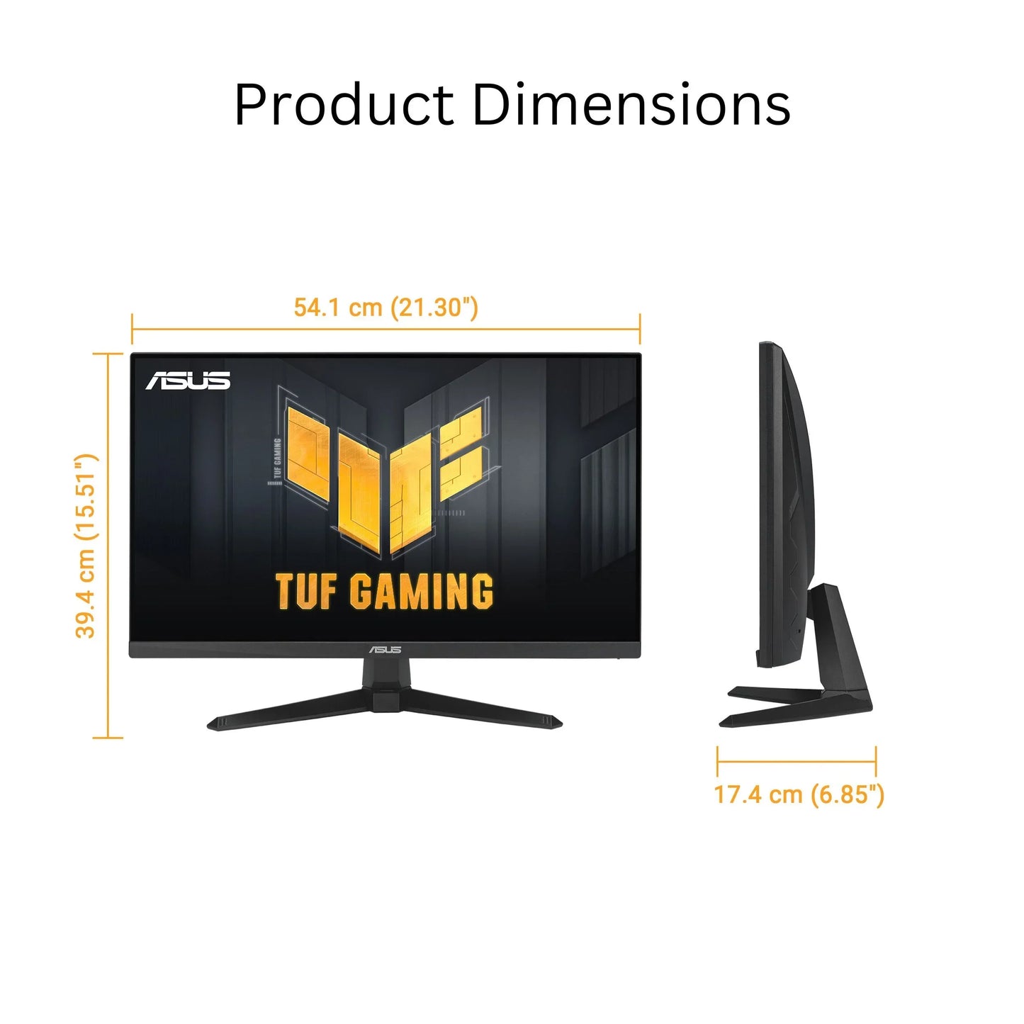 ASUS TUF Gaming monitor with product dimensions 54.1x39.4x17.4 cm shown from front and side
