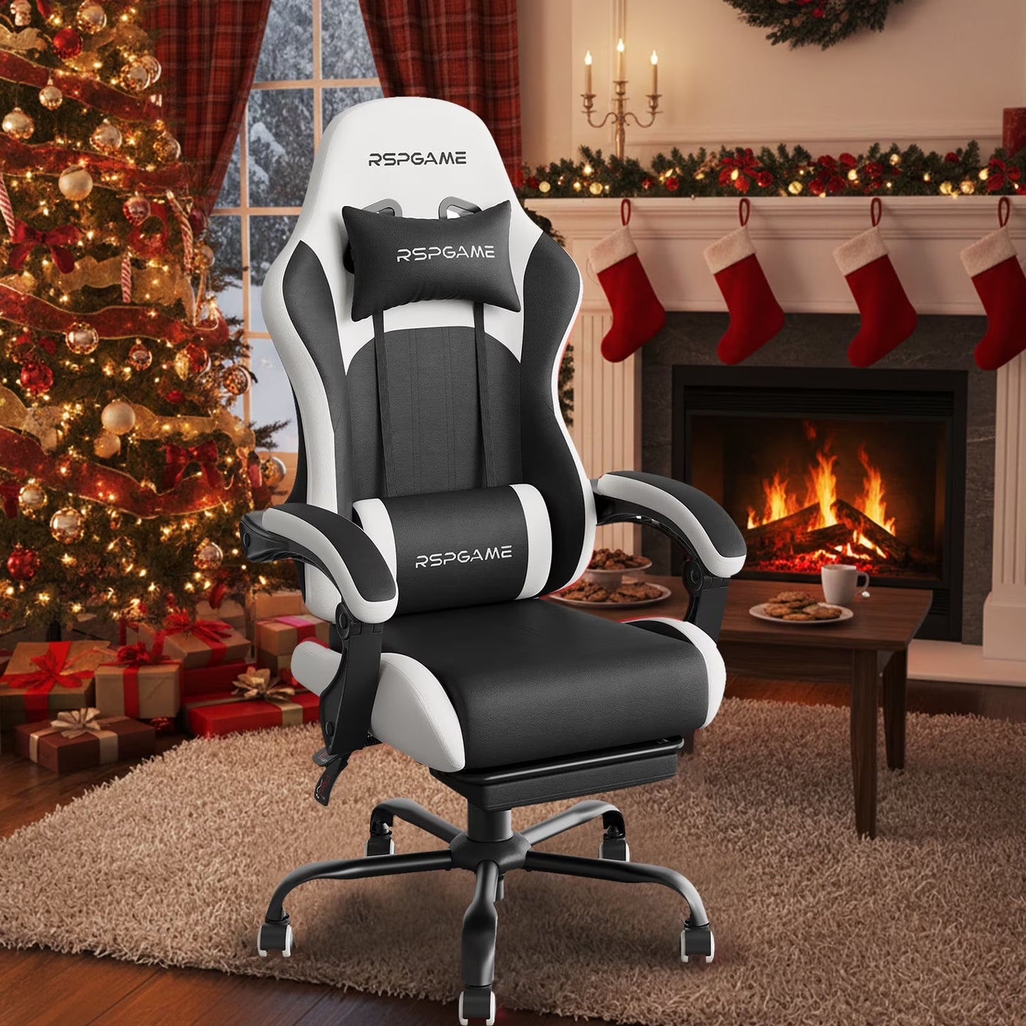RSPGAME black and white gaming chair with lumbar support, set in cozy Christmas living room with fireplace and tree