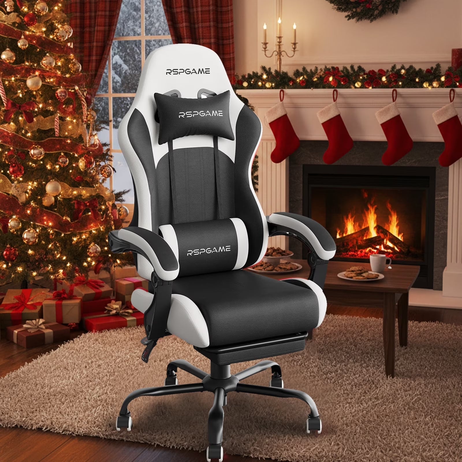 RSPGAME black and white gaming chair with lumbar support, set in cozy Christmas living room with fireplace and tree