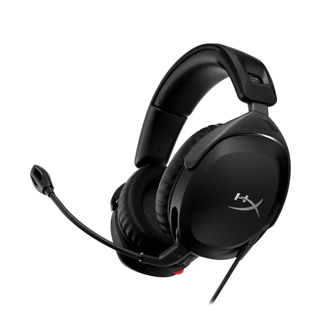 Black HyperX gaming headset with cushioned earcups and adjustable microphone on white background