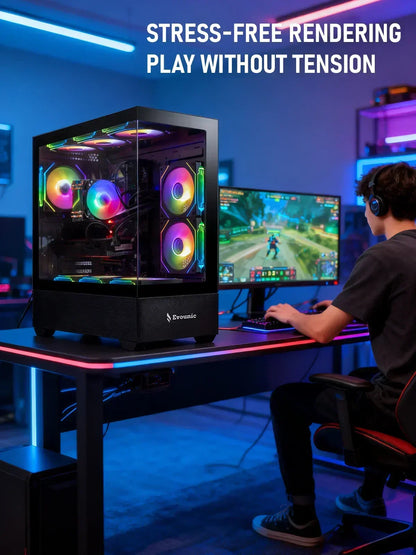 Gamer at RGB-lit desk playing on a PC with colorful LED fans and large monitor