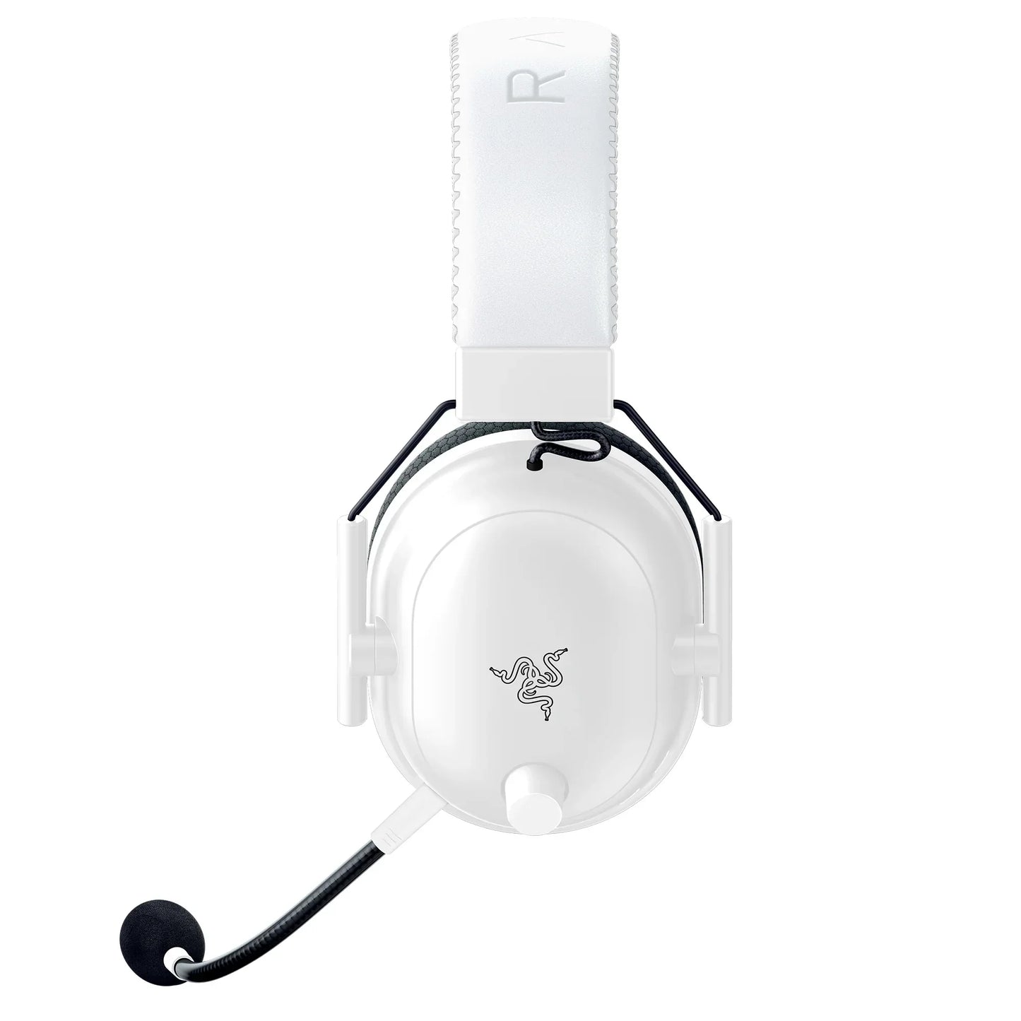 White Razer gaming headset with adjustable microphone and padded headband, front view