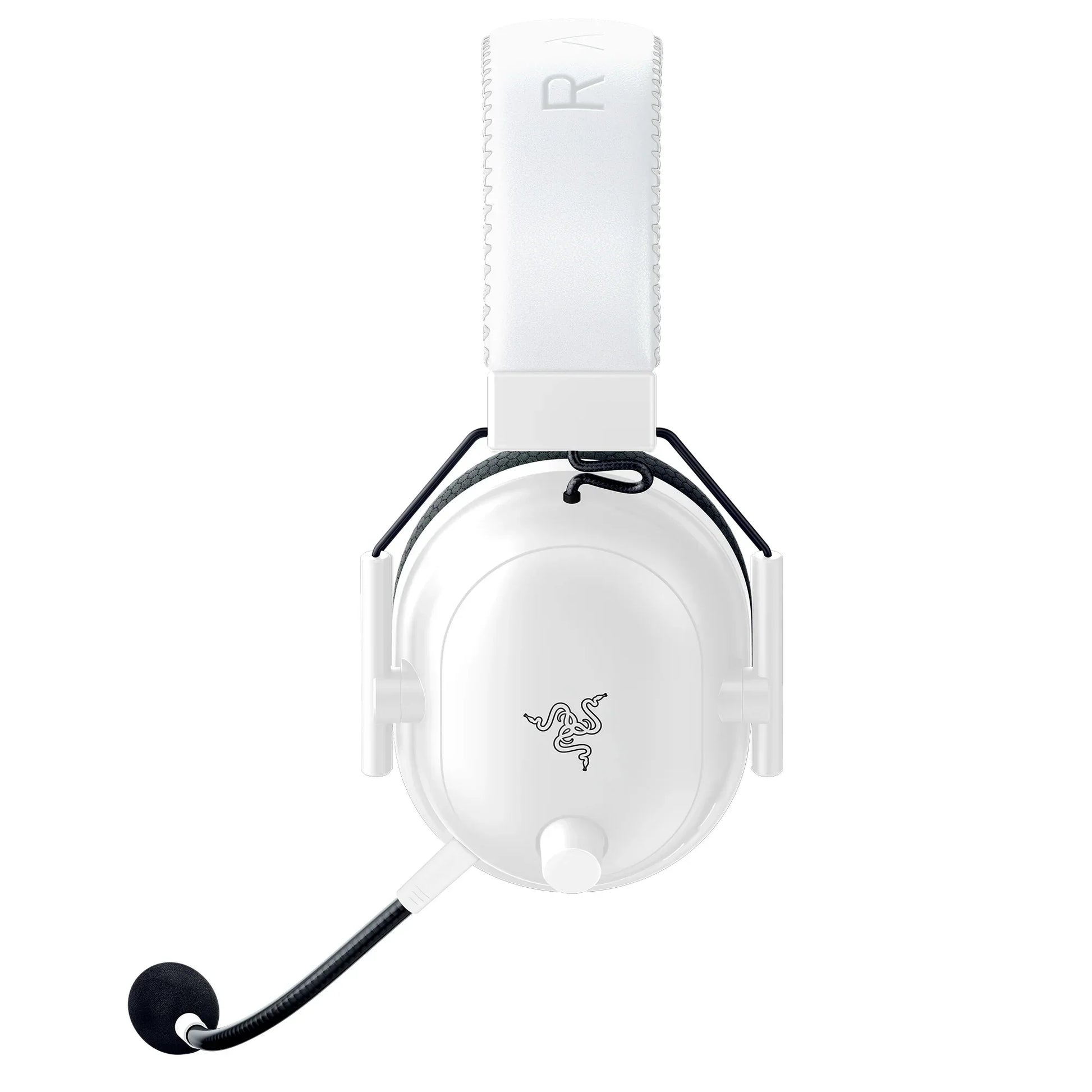 White Razer gaming headset with adjustable microphone and padded headband, front view