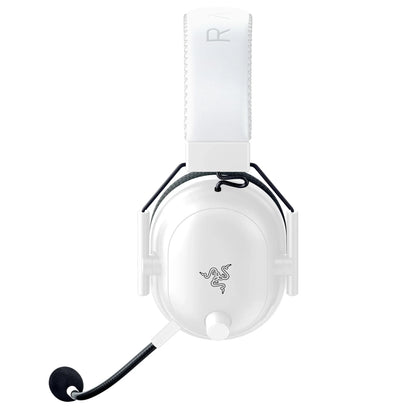 White Razer gaming headset with adjustable microphone and padded headband, front view