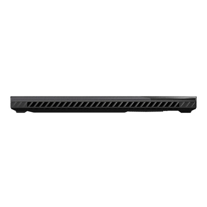 Slim black gaming laptop closed, rear vent design visible on white background