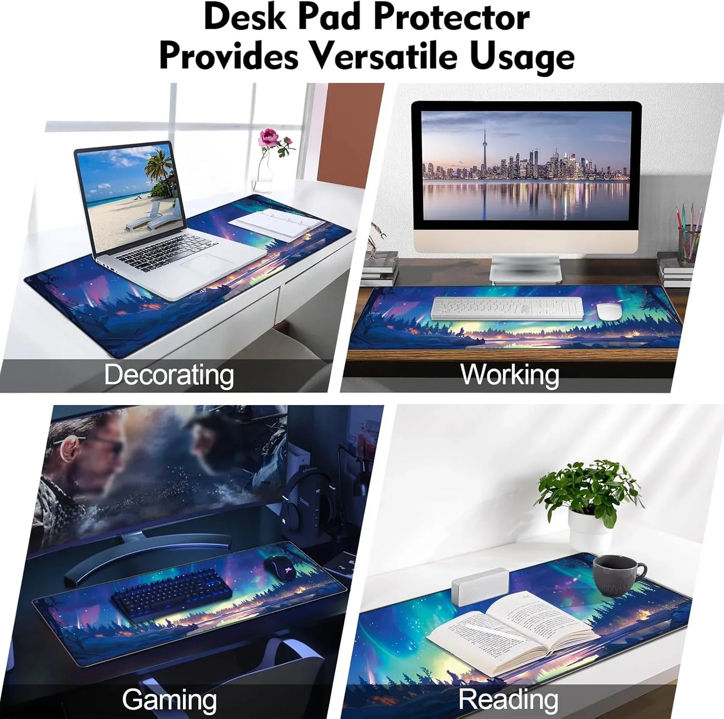 Desk pad protector with aurora night forest design shown in setups for decorating, working, gaming, and reading