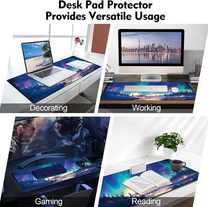 Desk pad protector with aurora night forest design shown in setups for decorating, working, gaming, and reading
