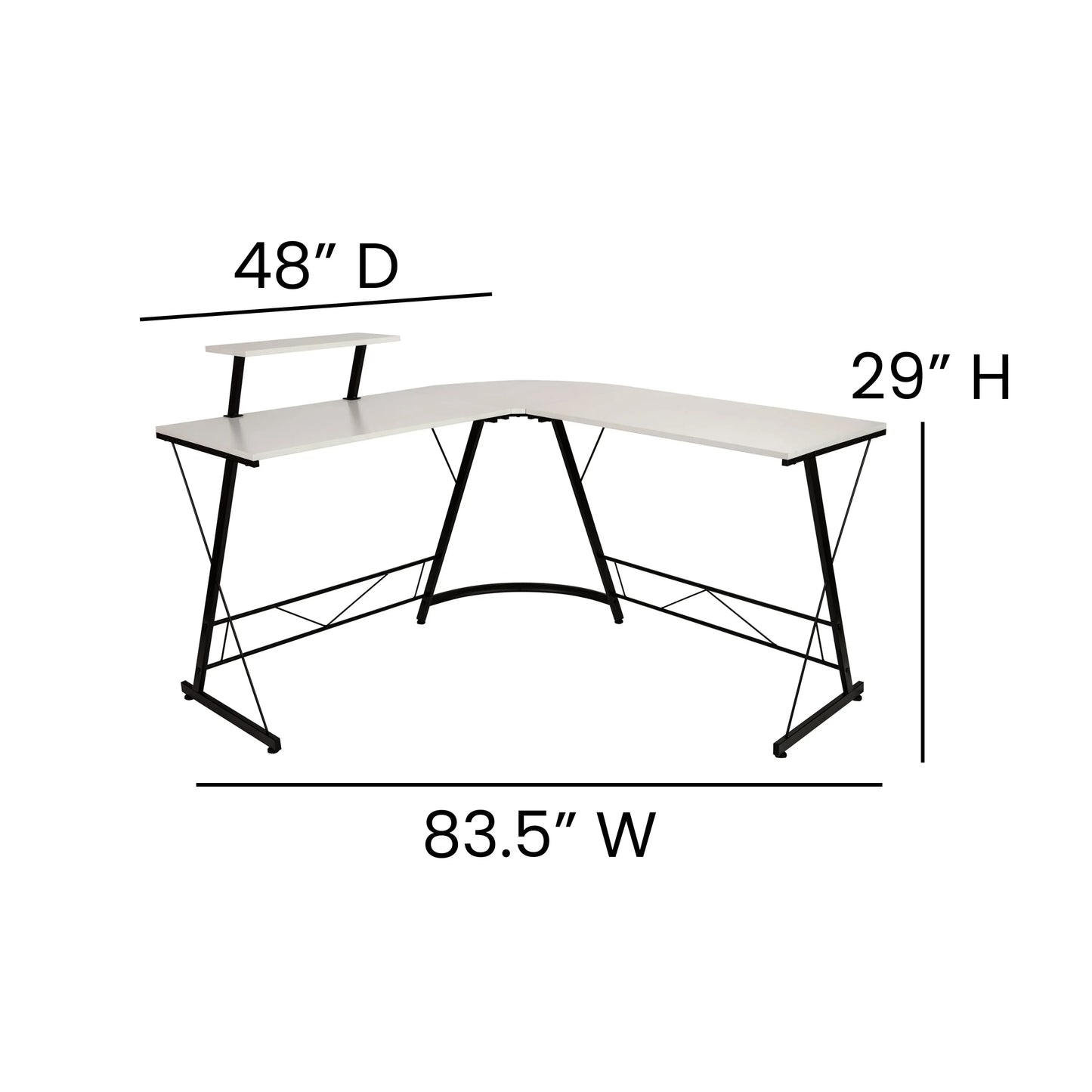 Modern L-shaped corner desk with white surface and black metal frame, 83.5"W x 48"D x 29"H