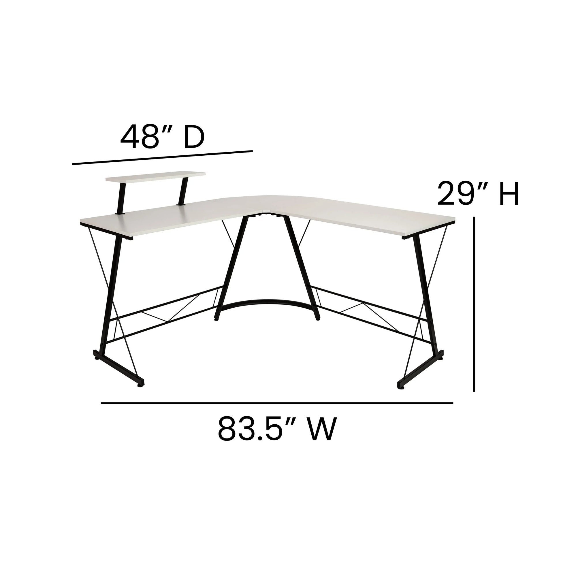 Modern L-shaped corner desk with white surface and black metal frame, 83.5"W x 48"D x 29"H