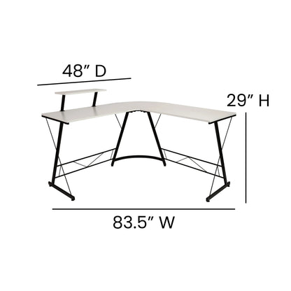 Modern L-shaped corner desk with white surface and black metal frame, 83.5"W x 48"D x 29"H