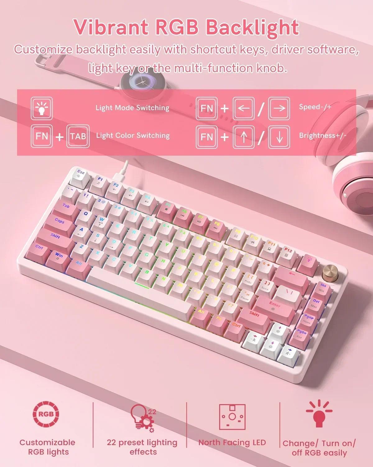 VK75 Wired Mechanical Keyboard with Multi-Function Knob, 75% Gaming Keyboard Gasket Mounted, Hot Swappable, Creamy Sound, Cherry Profile, PBT Keycaps, Pink
