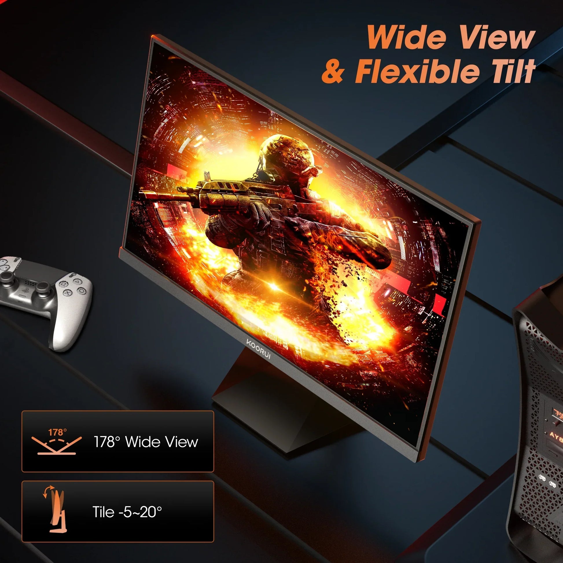 VOORUI gaming monitor with flexible tilt and 178-degree wide view displaying soldier in fiery action scene
