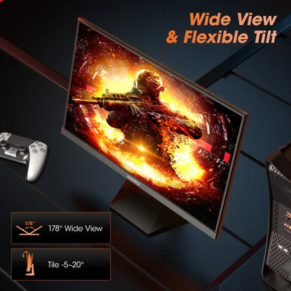 VOORUI gaming monitor with flexible tilt and 178-degree wide view displaying soldier in fiery action scene