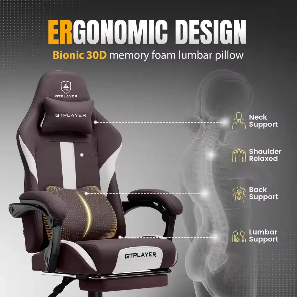 GTPLAYER ergonomic gaming chair with memory foam lumbar and neck support pillows for back and shoulder comfort