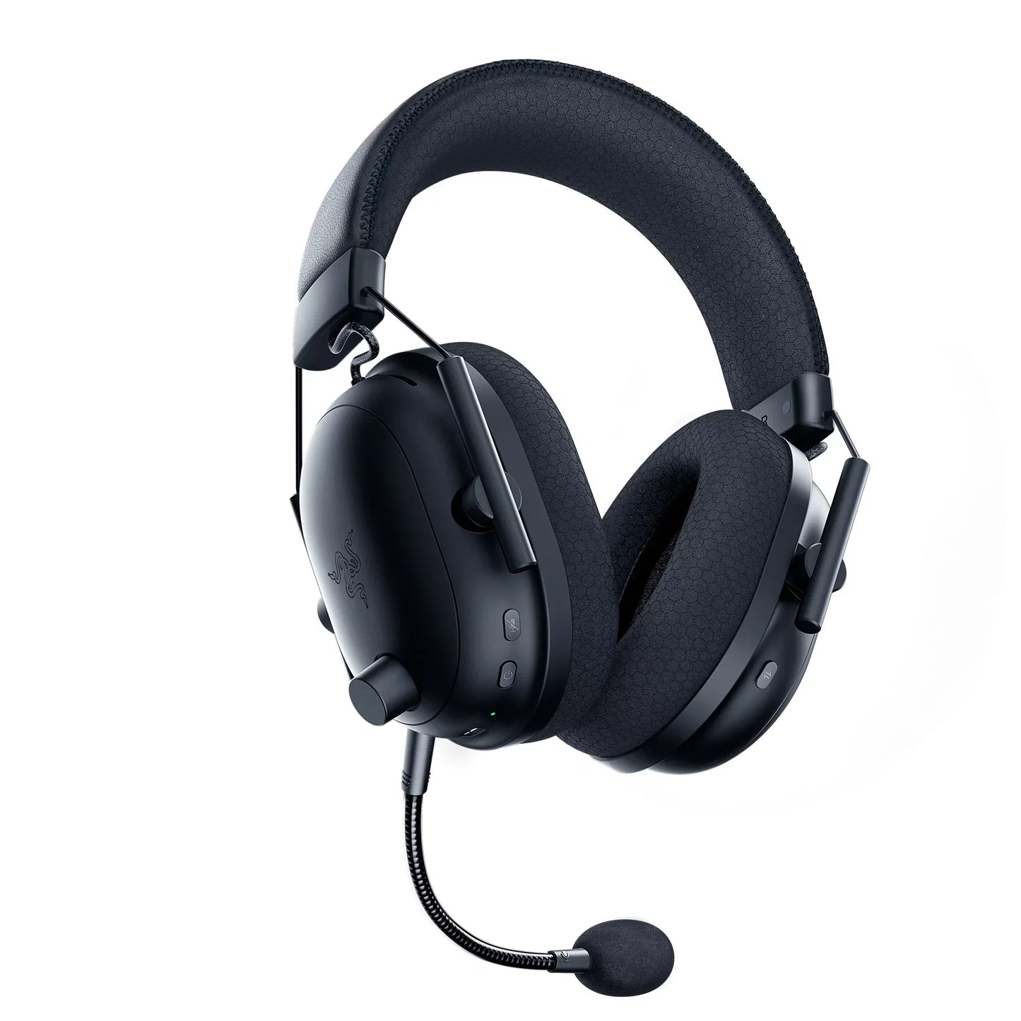 Black over-ear gaming headset with cushioned ear cups, adjustable mic, and padded headband