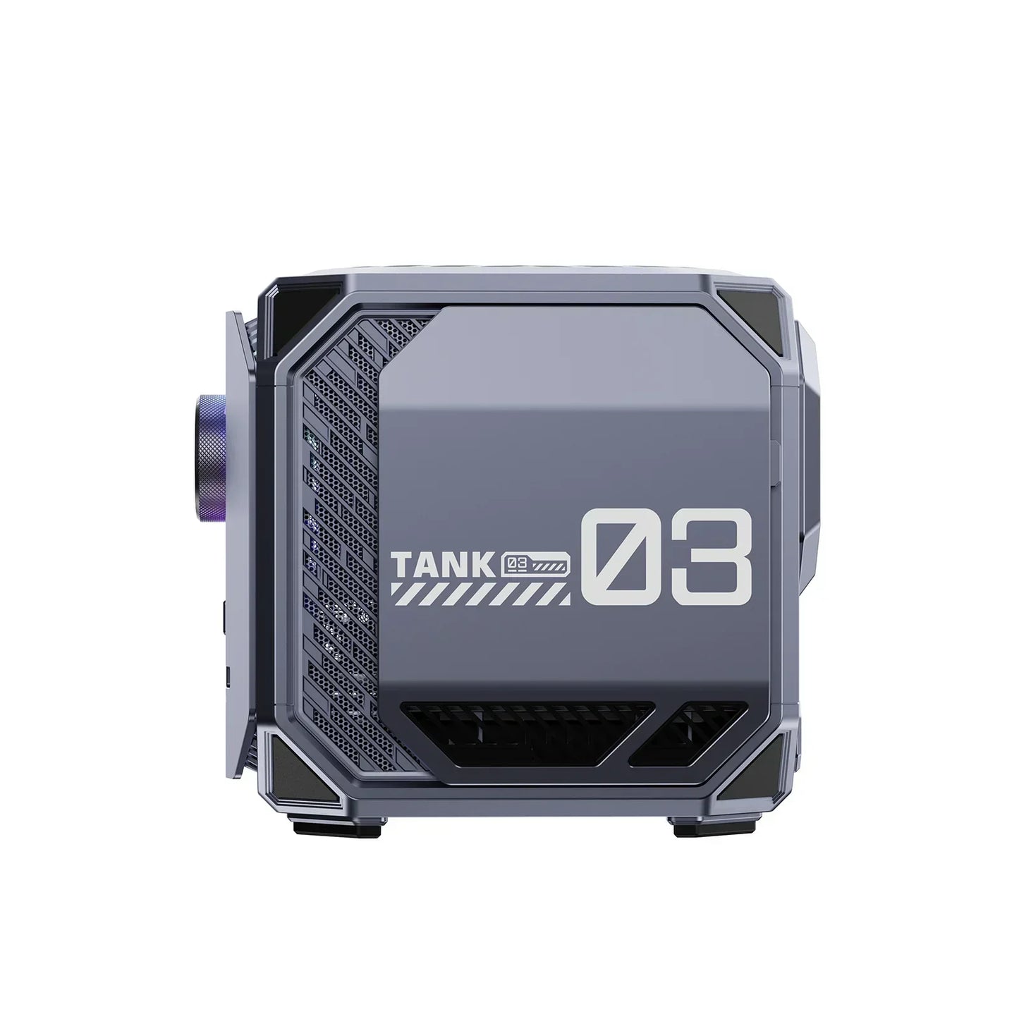 Futuristic compact gaming PC case with TANK 03 label and vented side panel, gray design