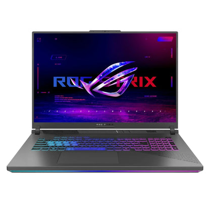 RGB backlit gaming laptop with futuristic ROG Strix logo and illuminated keyboard