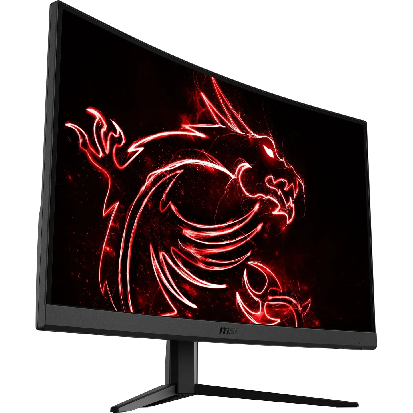 Curved MSI gaming monitor displaying red glowing dragon graphic on black background