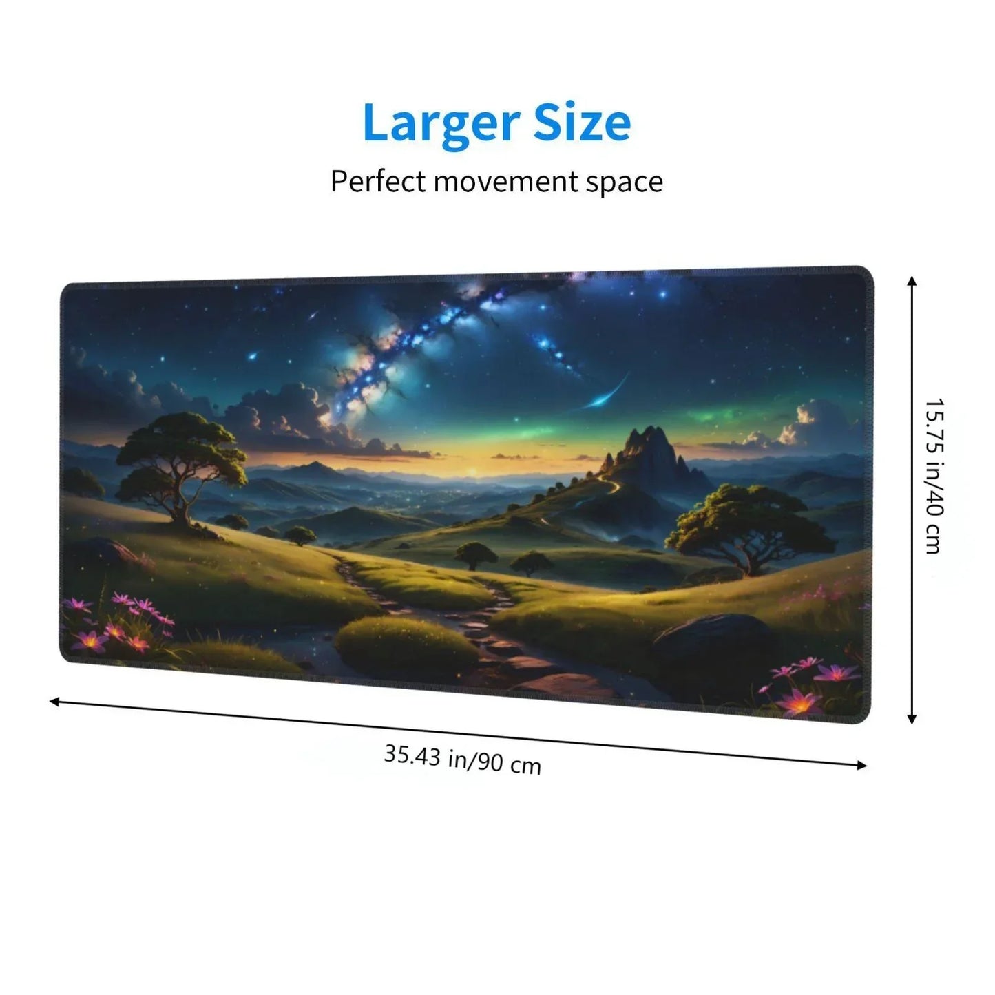 Large gaming mouse pad with fantasy night landscape, starry sky and mountain, 35x16 inches