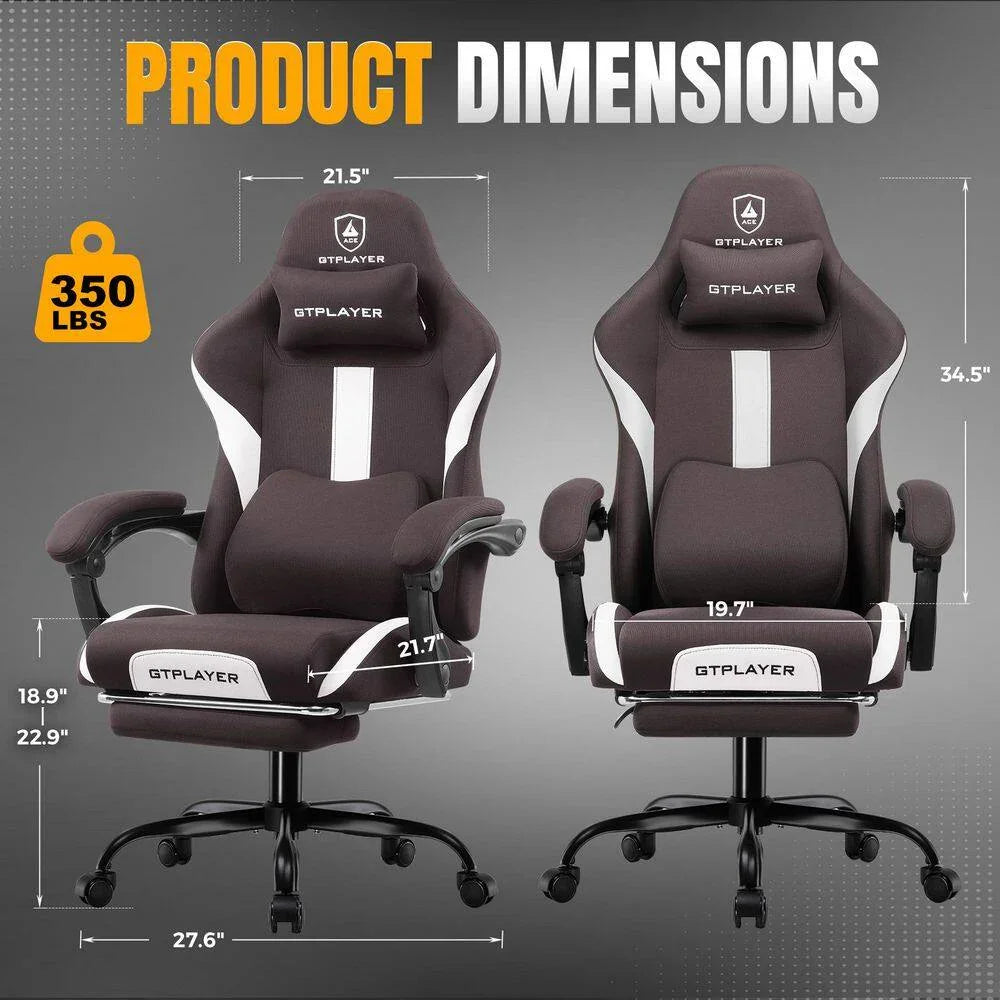 GTPLAYER black and white gaming chair with adjustable dimensions and 350 lbs weight capacity shown from front and side
