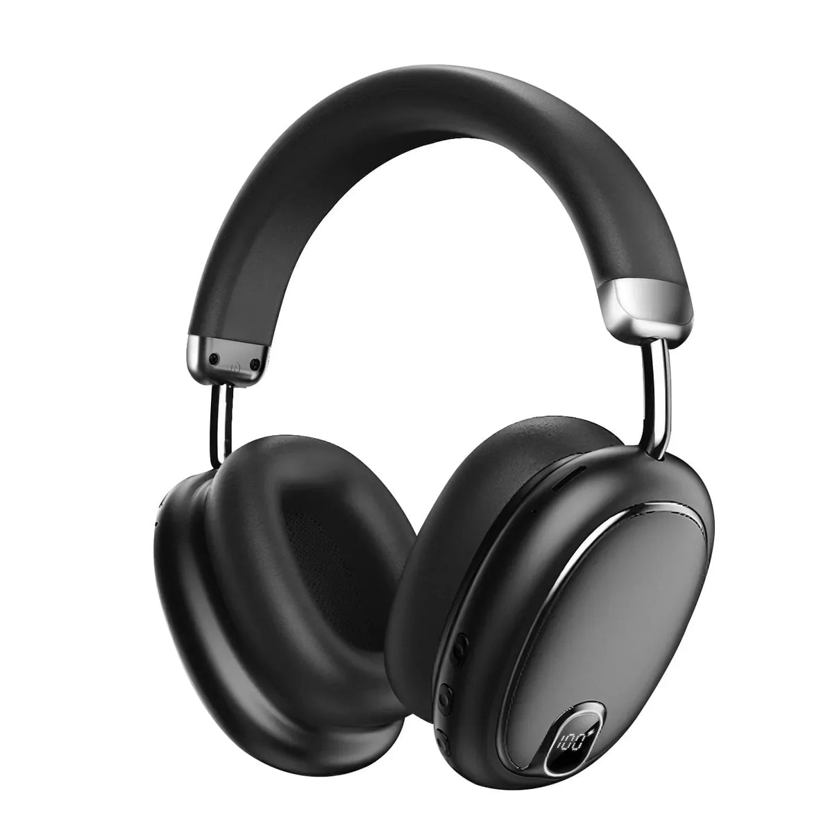 Byte Style black wireless over-ear headphones with cushioned ear pads and digital display on earcup