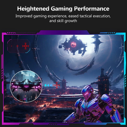 Futuristic gaming scene with a blue-purple armored robot and flying spaceship over sci-fi cityscape