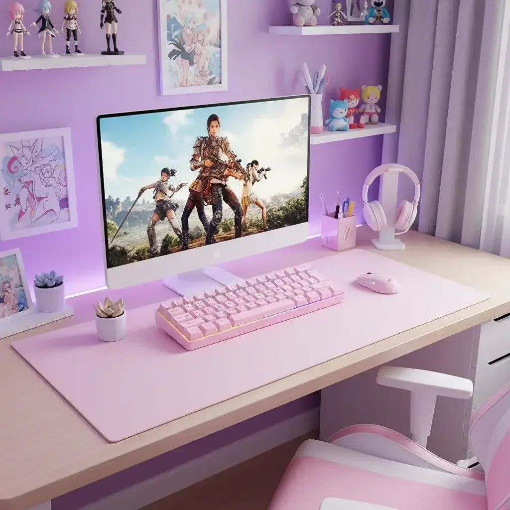 Gaming setup with pink mechanical keyboard, mouse, headset, and desktop showing game characters on screen in a purple-themed room