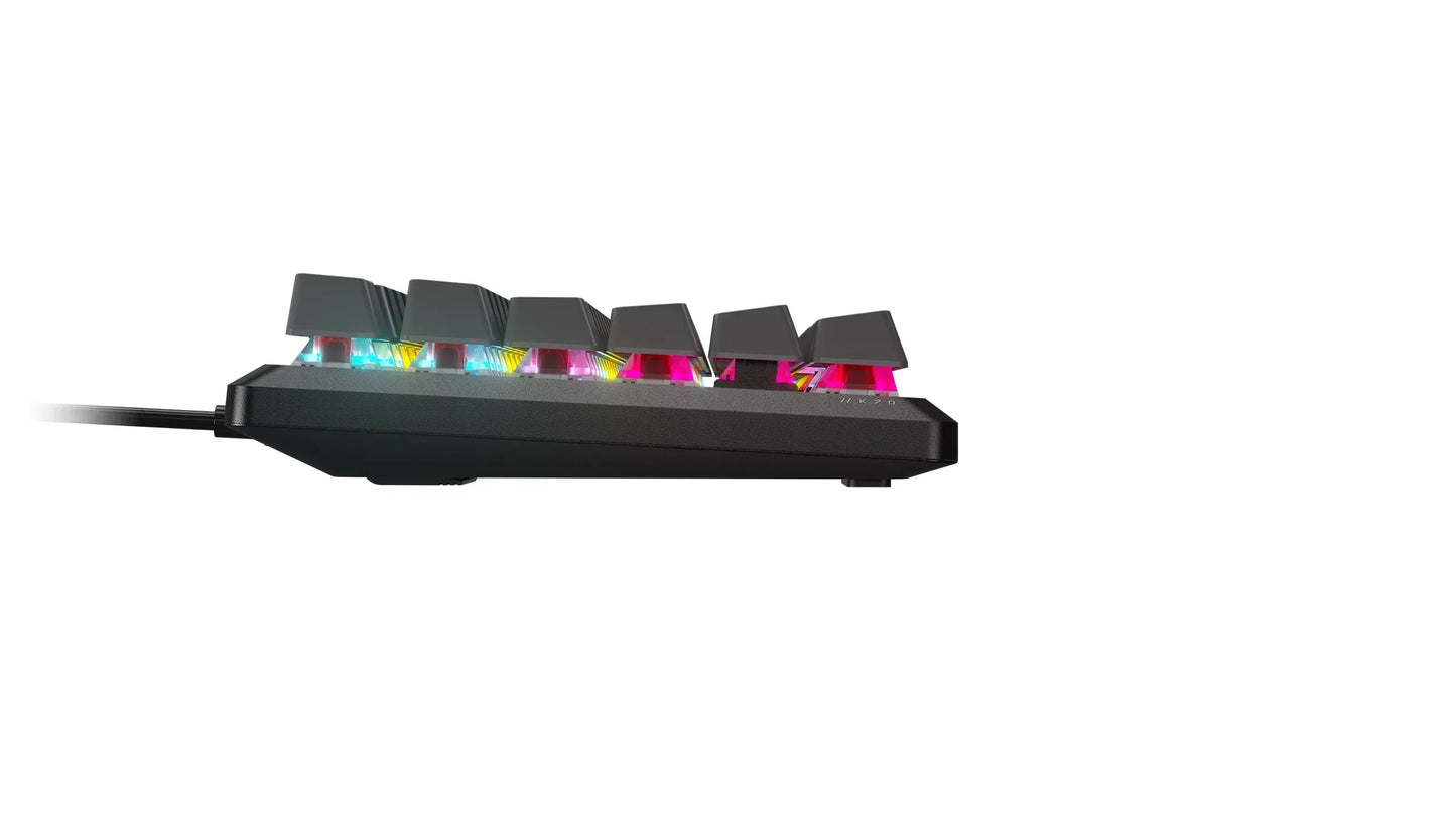 Side view of RGB mechanical gaming keyboard with elevated keycaps on white background