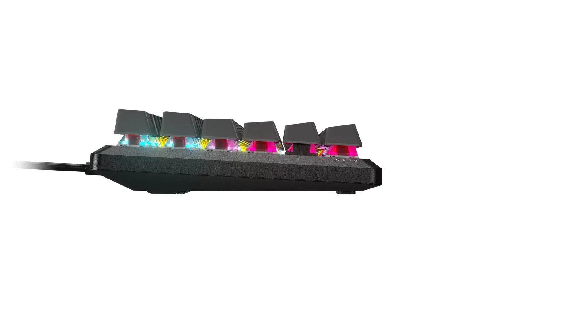 Side view of RGB mechanical gaming keyboard with elevated keycaps on white background