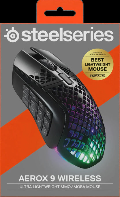 SteelSeries Aerox 9 Wireless ultra lightweight MMO MOBA gaming mouse with RGB lighting and 12 side buttons