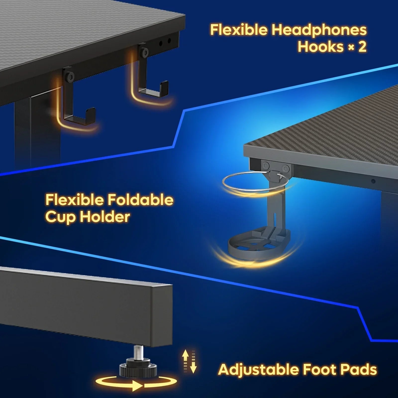 Gaming desk features flexible headphone hooks, foldable cup holder, and adjustable foot pads