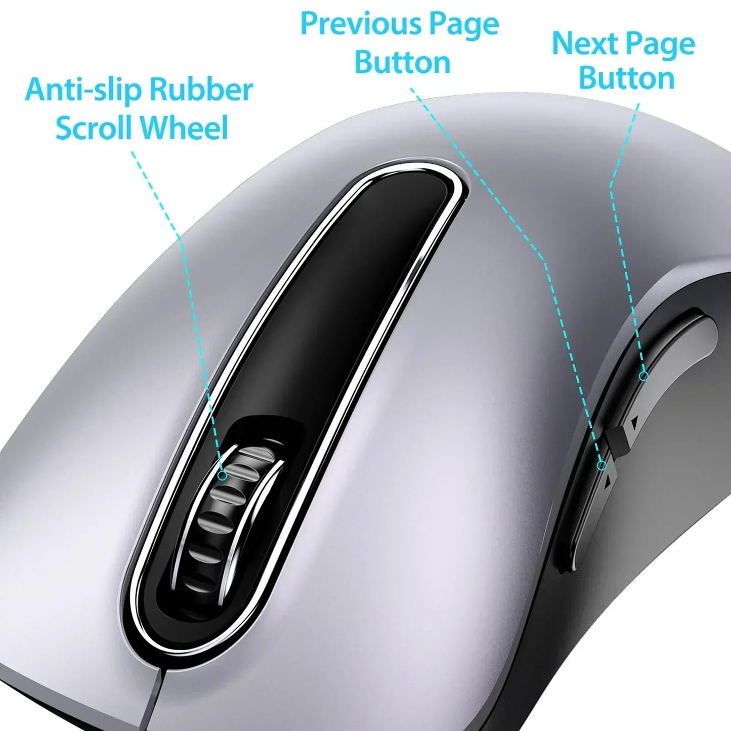 Silver wireless mouse with anti-slip scroll wheel, previous and next page side buttons