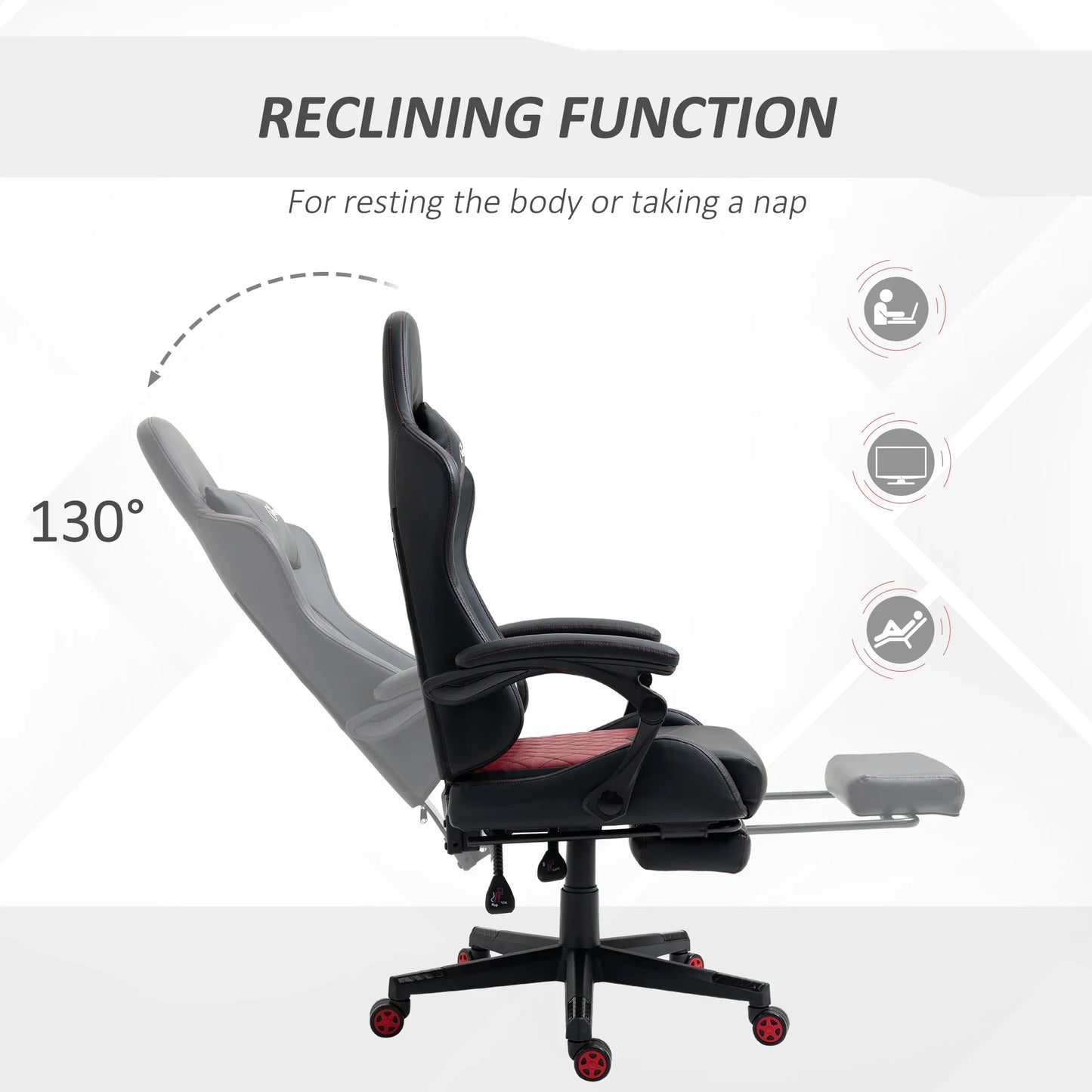 Byte Style gaming chair with 130° reclining function and extendable footrest for resting or naps