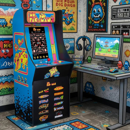 Retro gaming room with Ms. Pac-Man arcade machine, pixel art decor, and gaming PC setup