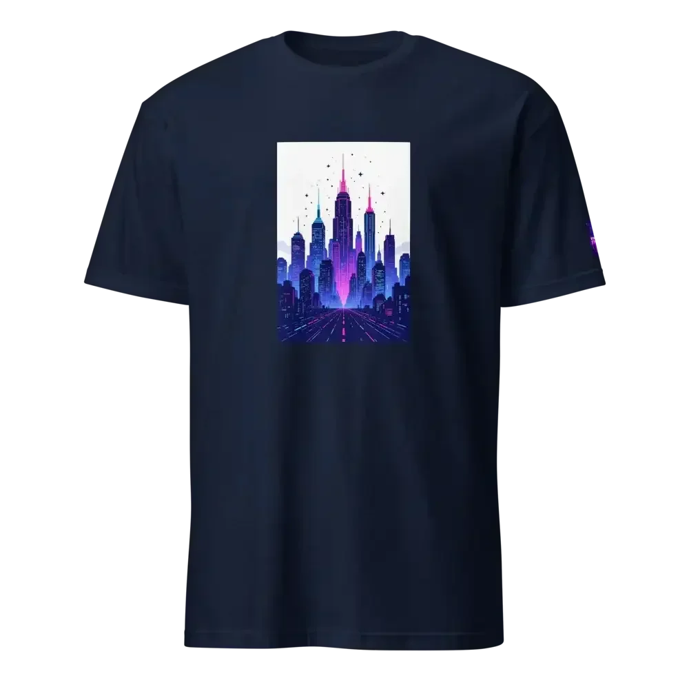 Navy blue t-shirt with a vibrant neon cityscape design featuring tall skyscrapers and starry sky