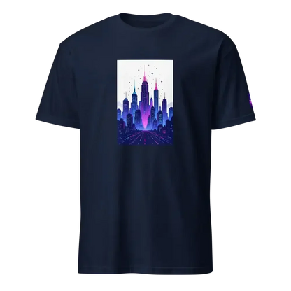 Navy blue t-shirt with a vibrant neon cityscape design featuring tall skyscrapers and starry sky