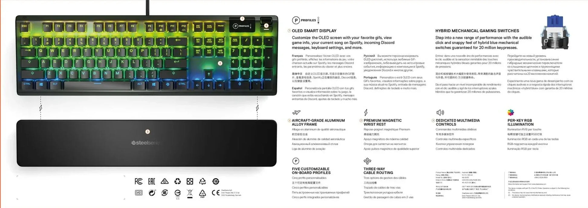 RGB mechanical gaming keyboard with OLED display, aluminum frame, and magnetic wrist rest