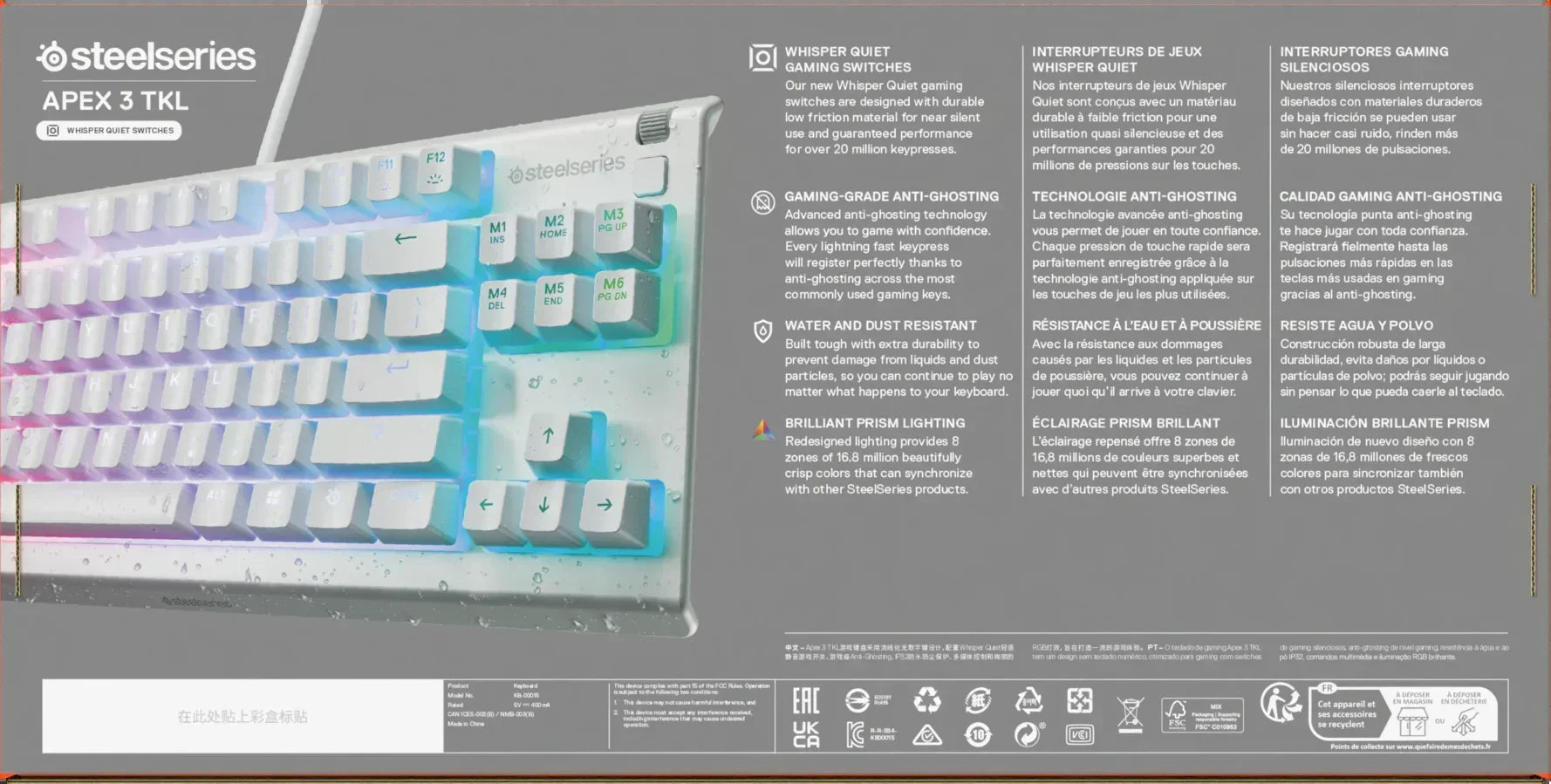 SteelSeries Apex 3 TKL white RGB gaming keyboard with water-resistant features and whisper quiet switches