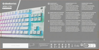 SteelSeries Apex 3 TKL white RGB gaming keyboard with water-resistant features and whisper quiet switches
